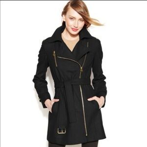 Michael Kors Women Asymmetrical Black Zip Up Black Gold Winter Pea Coat Size 4